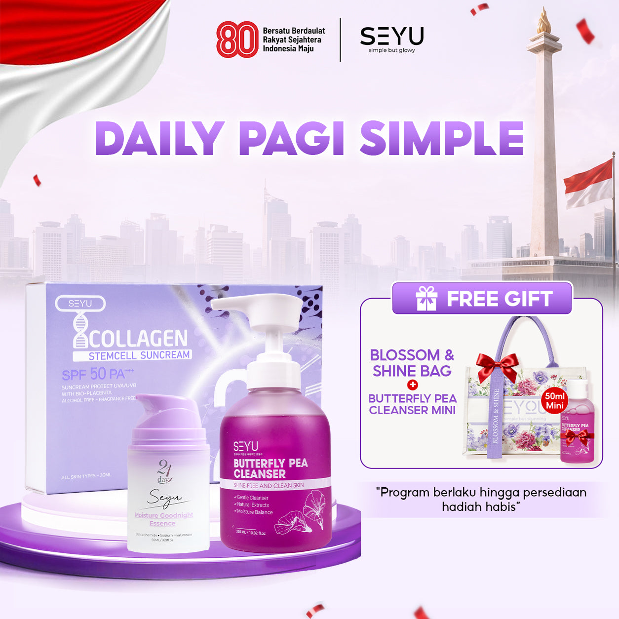 Paket DAILY Pagi Simple | Butterfly Pea Cleaner & Moisture Essence & Sunscreen X10 Collagen