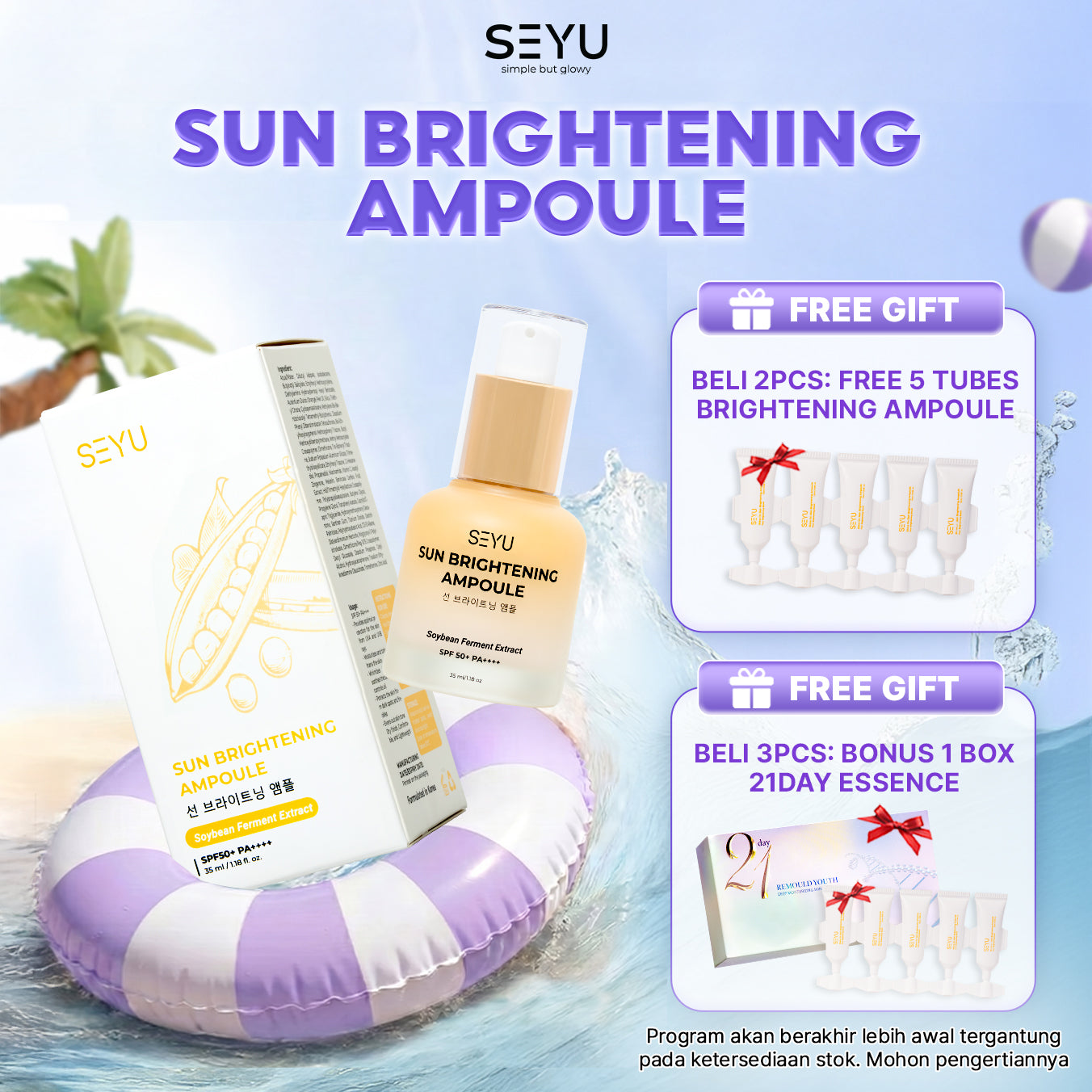 SEYU Ampoule Sunscreen SPF 50+ PA++++ Kedelai Fermentasi, Sunscreen