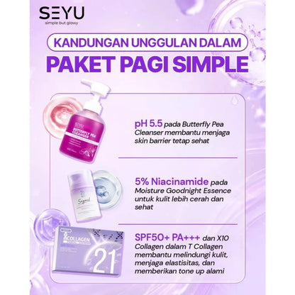 Paket DAILY Pagi Simple | Butterfly Pea Cleaner & Moisture Essence & Sunscreen X10 Collagen