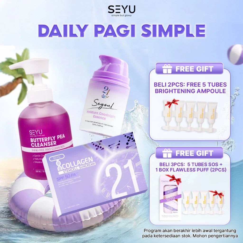 Paket DAILY Pagi Simple | Butterfly Pea Cleaner & Moisture Essence & Sunscreen X10 Collagen
