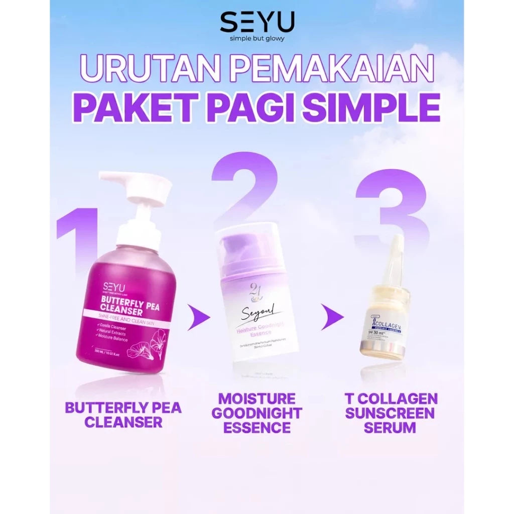 Paket DAILY Pagi Simple | Butterfly Pea Cleaner & Moisture Essence & Sunscreen X10 Collagen