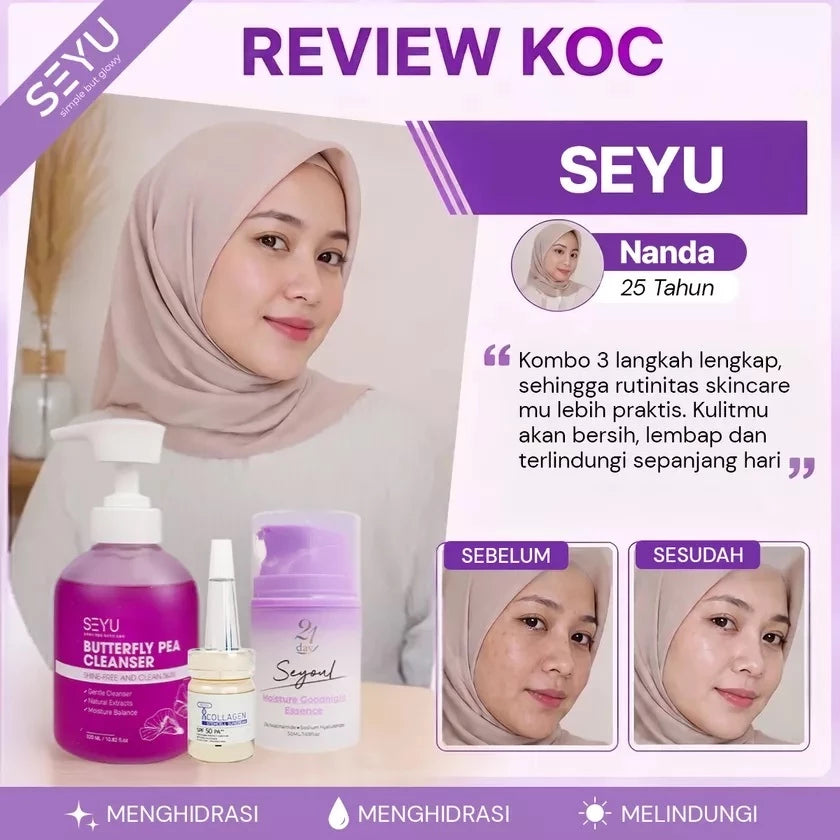 Paket DAILY Pagi Simple | Butterfly Pea Cleaner & Moisture Essence & Sunscreen X10 Collagen