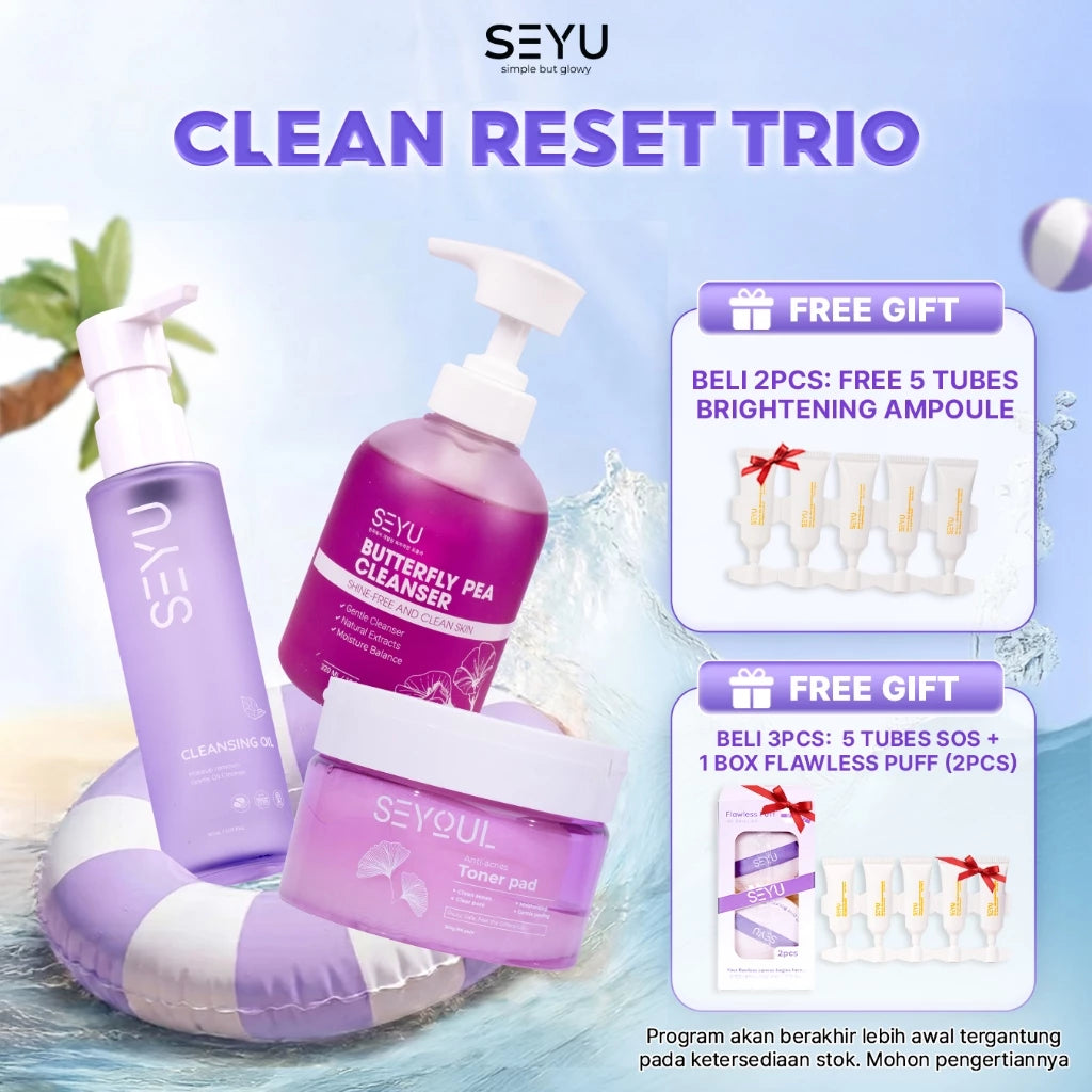 Paket CLEAN Reset Trio | Butterfly Pea Cleanser & Cleansing Oil & Toner Pad
